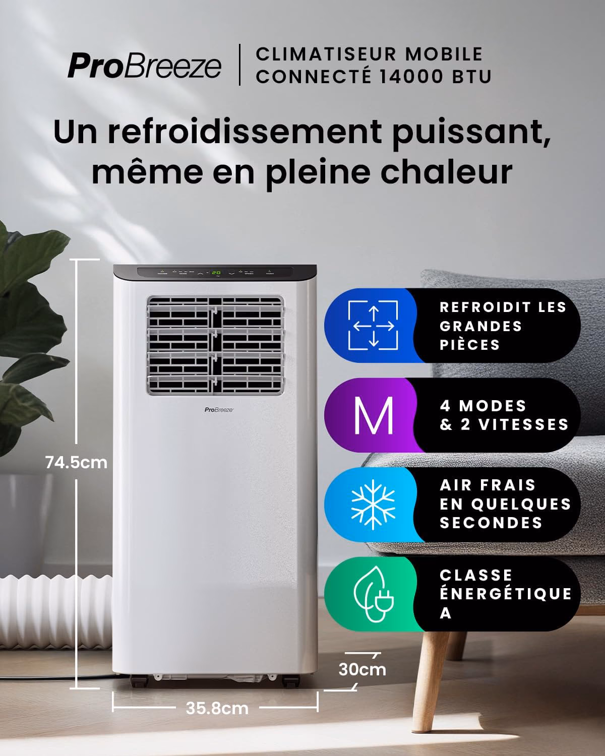 Refroidissement puissant 14000 BTU jusqu'à 16°C avec volets oscillants 115°