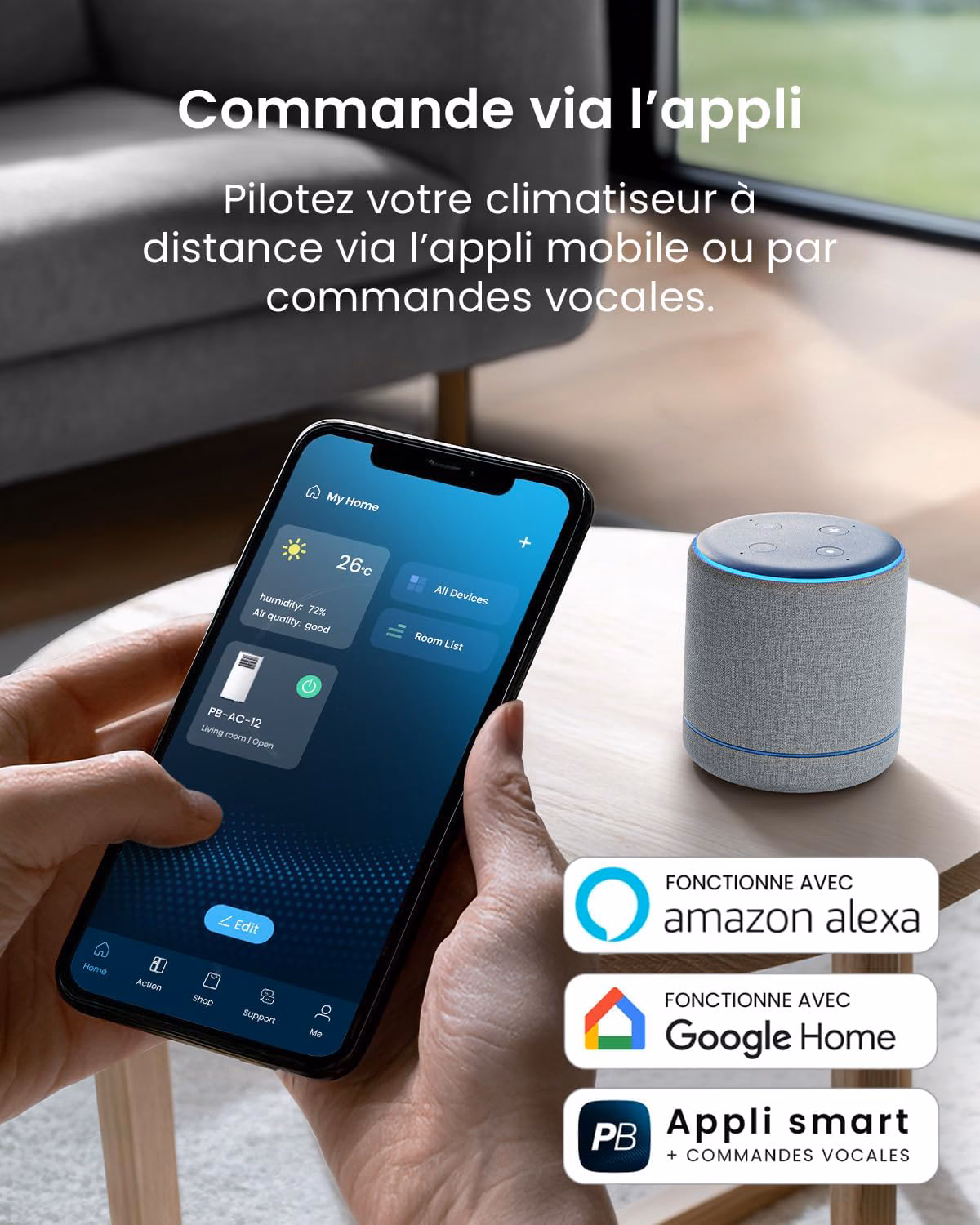Contrôle WiFi via application gratuite compatible Alexa et Google Home