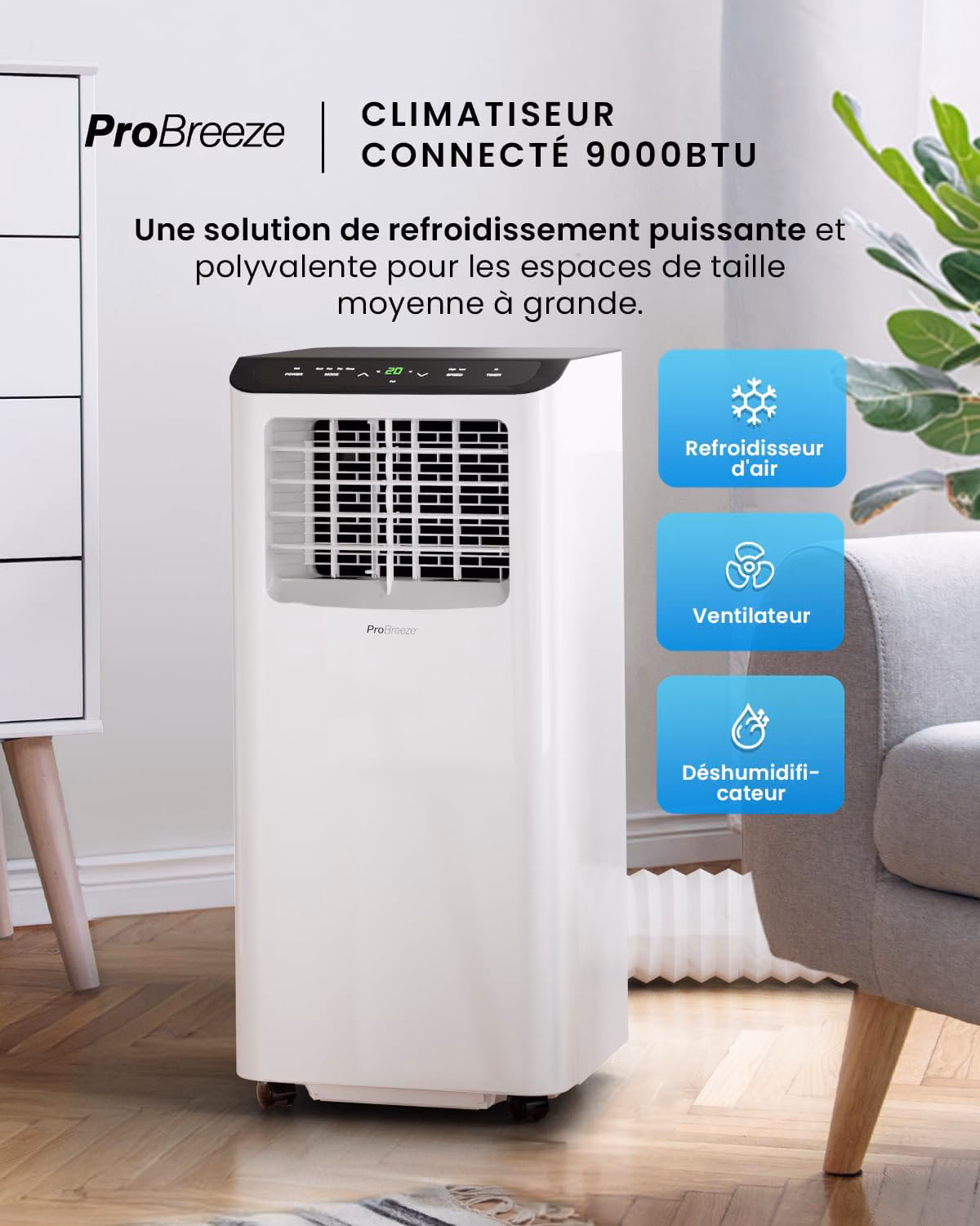 Refroidissement rapide 9000 BTU pour pièces moyennes jusqu'à 22 m²