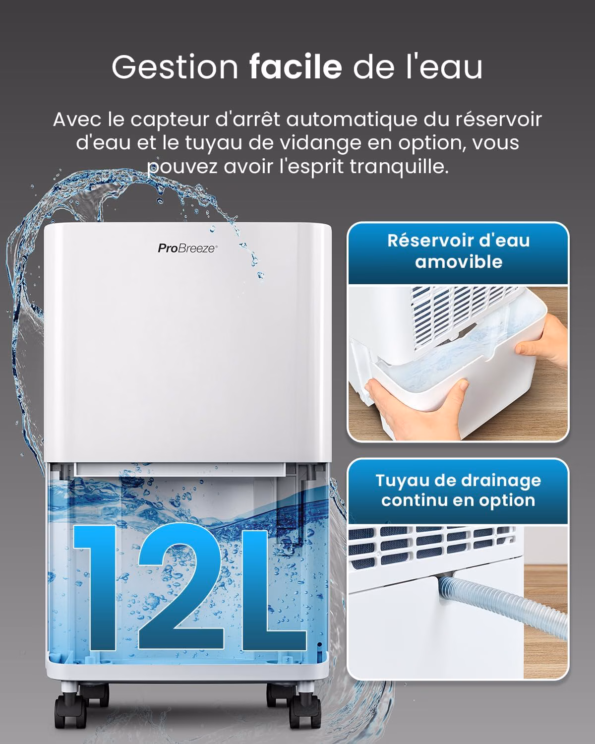 Vue latérale et réservoir d'eau amovible 2L