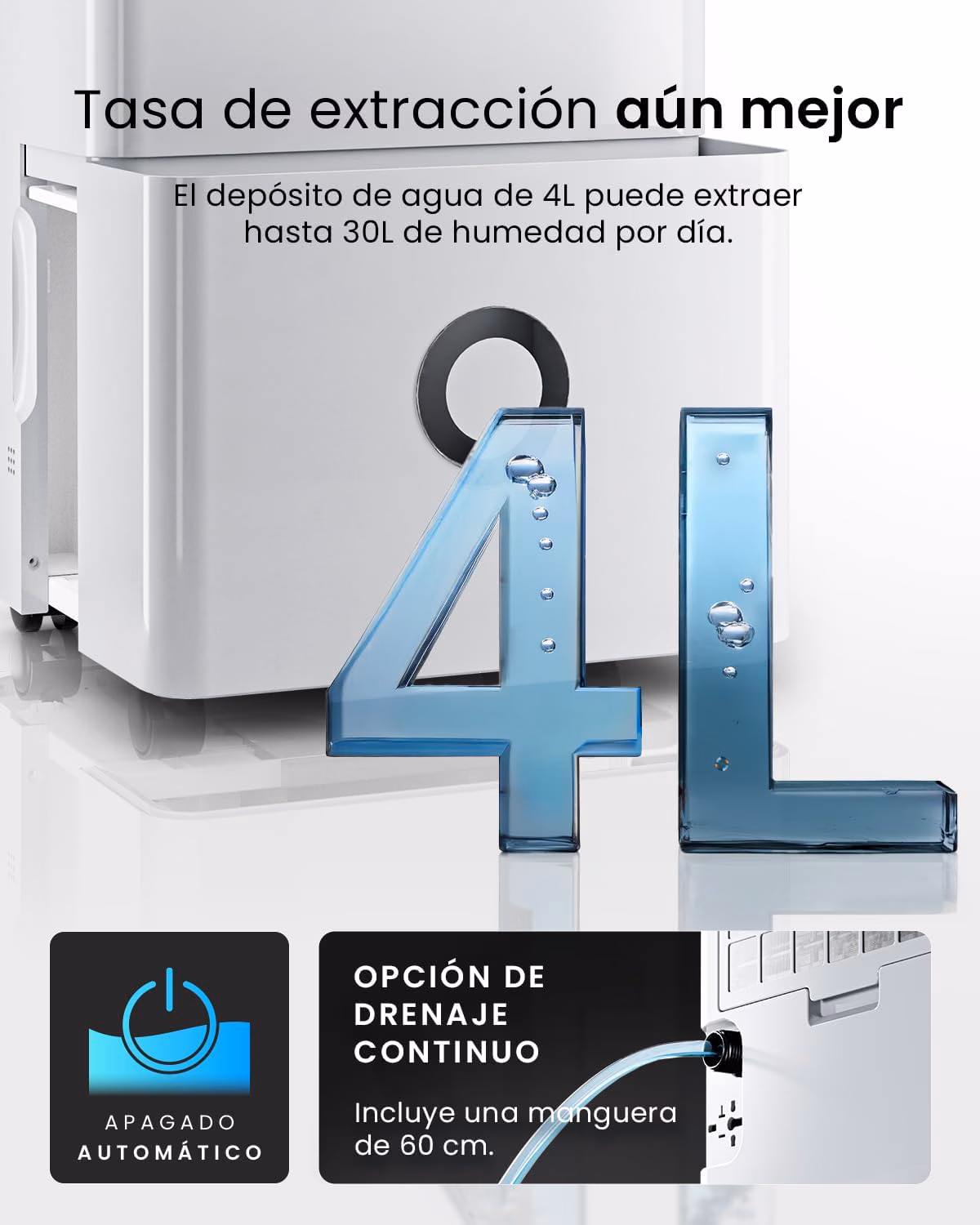 Gran tanque 4L con drenaje continuo para máxima autonomía